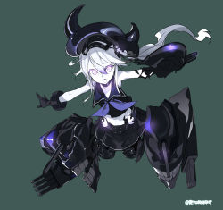 Rule 34 | 10s, 1girl, abyssal ship, amputee, arm cannon, bare shoulders, black gloves, black serafuku, black skirt, choker, crop top, destroyer princess, double amputee, gloves, green background, headgear, highres, kantai collection, looking at viewer, machinery, midriff, naitou ryuu, neckerchief, open mouth, outstretched arms, purple eyes, sailor collar, school uniform, serafuku, shirt, side ponytail, simple background, skirt, sleeveless, sleeveless shirt, solo, spread arms, weapon, white hair