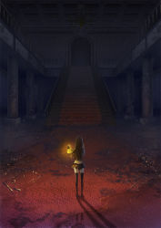 Rule 34 | 1girl, bad id, bad pixiv id, chandelier, column, dark, from behind, highres, lamp, pillar, puddle, reflection, ruins, shadow, skirt, solo, stairs, standing, thighhighs, white carpet, yuanmaru