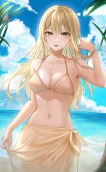 Rule 34 | 1girl, absurdres, bad id, bad twitter id, bare shoulders, beach, bikini, blonde hair, blue sky, breasts, brown bikini, brown sarong, cleavage, cloud, collarbone, copyright request, cowboy shot, day, ffflilil, halterneck, hand up, highres, large breasts, long hair, looking at viewer, navel, ocean, orange eyes, outdoors, sarong, sky, smile, solo, stomach, sweat, swimsuit, tongue