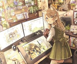 Rule 34 | 1girl, animal, animal ear fluff, animal ears, animal on shoulder, artist self-reference, bird, blush, book, brown eyes, brown hair, cat, cat ears, chair, chick, commentary request, cup, desk, drawing tablet, dress, flower, green dress, hair between eyes, hair flower, hair ornament, highres, holding, holding stylus, hood, hood down, hooded dress, hugging object, indoors, keyboard (computer), long sleeves, looking at viewer, looking back, monitor, mug, office chair, original, parted lips, plant, potted plant, purple flower, rabbit, sakura oriko, shirt, sleeveless, sleeveless dress, solo, standing, stylus, swivel chair, watering can, white flower, white shirt, yellow flower
