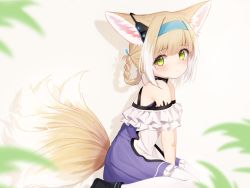 Rule 34 | animal ears, arknights, bandaid, bandaid on arm, bare shoulders, black collar, black footwear, blonde hair, blue hairband, blurry, blush, braid, collar, depth of field, dress, earpiece, fox ears, fox girl, fox tail, frilled dress, frills, gachigachi, green eyes, hairband, infection monitor (arknights), looking at viewer, material growth, multicolored hair, multiple tails, off-shoulder dress, off shoulder, oripathy lesion (arknights), pantyhose, purple dress, short hair, sitting, solo, streaked hair, suzuran (arknights), tail, two-tone dress, white dress, white hair, white pantyhose