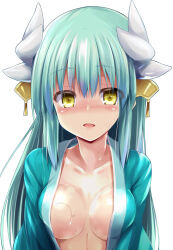 Rule 34 | 1girl, blush, breasts, cleavage, collarbone, dragon girl, dragon horns, fate/grand order, fate (series), green hair, green kimono, hair ornament, horns, japanese clothes, kimono, kiyohime (fate), long hair, long sleeves, looking at viewer, medium breasts, multiple horns, open mouth, sen (astronomy), smile, solo, sweat, thighs, yellow eyes