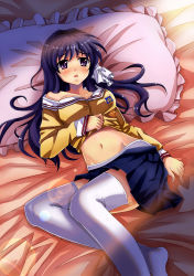 Rule 34 | 00s, 1girl, blush, clannad, clothes lift, frilled pillow, frills, frown, fujibayashi kyou, highres, lens flare, long hair, lying, midriff, navel, open clothes, open mouth, pillow, purple eyes, purple hair, sardonyx, shirt lift, thighhighs