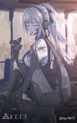Rule 34 | 1girl, absurdres, ak-12, ak-12 (girls&#039; frontline), assault rifle, black gloves, black pants, blood, blood on face, braid, broken glass, closed eyes, french braid, girls&#039; frontline, glass, gloves, gun, headset, high ponytail, highres, kalashnikov rifle, long hair, midriff, pants, partially fingerless gloves, rifle, shu70077, silver hair, tactical clothes, weapon, window