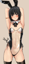 Rule 34 | 1girl, amagami, animal ears, armlet, armpits, arms behind head, arms up, artist name, black bow, black bowtie, black hair, black leotard, black thighhighs, blush, bow, bowtie, breasts, brown background, brown eyes, commentary, cowboy shot, detached collar, fake animal ears, groin, highleg, highres, leotard, light smile, lips, looking at viewer, medium breasts, meme attire, nanasaki ai, navel, playboy bunny, rabbit ears, raised eyebrows, see-through, see-through leotard, shiny skin, short hair, signature, simple background, skindentation, solo, standing, sweatdrop, thighhighs, translucent bunnysuit, yoo tenchi