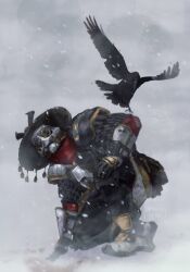 Rule 34 | 1other, absurdres, ambiguous gender, apex legends, armor, bird, black pants, bloodhound (apex legends), crow, great winter bloodhound, hand on own knee, helmet, highres, knee pads, mikhail (windenbeak), official alternate costume, pants, snow, snowing, solo, squatting, v-fin, white footwear