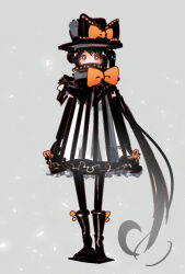 Rule 34 | 1girl, bad id, bad twitter id, black bow, black dress, black footwear, black hat, black pantyhose, boots, bow, bright pupils, dress, frilled dress, frills, full body, grey background, hat, hat bow, high collar, highres, knee boots, long hair, long sleeves, looking at viewer, orange bow, orange eyes, original, pantyhose, ruru ashihara, side ponytail, solo, standing, striped clothes, striped dress, vertical-striped clothes, vertical-striped dress, very long hair, white pupils