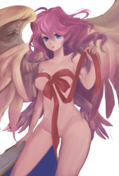 Rule 34 | 1girl, ahoge, angel wings, archangel metatron (p&amp;d), blue eyes, book, breasts, convenient censoring, highres, long hair, looking at viewer, machiko (machicoillust), medium breasts, multiple wings, naked ribbon, parted lips, pink hair, puzzle &amp; dragons, red ribbon, ribbon, simple background, sketch, solo, standing, wavy hair, white background, wings