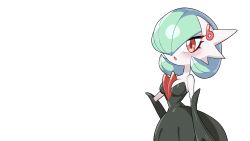 Rule 34 | 1girl, alternate color, aqua hair, arm at side, bare shoulders, black dress, black gloves, blush, bob cut, breasts, colored skin, cowboy shot, creatures (company), dress, drunkoak, elbow gloves, female focus, game freak, gardevoir, gen 3 pokemon, gloves, hair over one eye, hand on own hip, highres, looking at viewer, medium breasts, mega gardevoir, mega pokemon, nintendo, one eye covered, open mouth, pokemon, pokemon (creature), red eyes, shiny pokemon, short hair, simple background, solo, standing, strapless, strapless dress, transparent background, white skin