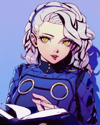 Rule 34 | 1girl, asymmetrical hair, blue background, blue hairband, book, datcravat, grey hair, hairband, highres, long hair, looking at viewer, margaret (persona), open book, open mouth, persona, persona 4, red lips, solo, twitter username, yellow eyes