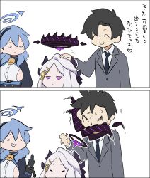 Rule 34 | 1boy, 2girls, :&lt;, = =, ako (blue archive), bear trap, bell, black gloves, black hair, black halo, blue archive, blue hair, blue halo, demon horns, doodle sensei (blue archive), formal, gloves, grey suit, hair ornament, hairclip, halo, headpat, highres, hina (blue archive), hong hongcha, horns, jitome, long hair, multiple girls, multiple horns, neck bell, parted bangs, purple eyes, sensei (blue archive), sensei (blue archive the animation), smile, suit, thumbs up, translation request, upper body, white background, white hair