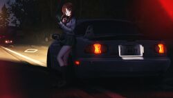 Rule 34 | 1girl, absurdres, black neckerchief, black socks, brown eyes, brown footwear, brown hair, car, cellphone, commentary, drinking, drinking straw, english commentary, eunos roadster, flip phone, full body, girls und panzer, green skirt, highres, holding, holding phone, kneehighs, license plate, loafers, long skirt, looking at viewer, mizzterbii, motor vehicle, neckerchief, night, nishizumi miho, ooarai school uniform, outdoors, phone, road, sailor collar, school uniform, shoes, short hair, skirt, socks, solo, sports car, tail lights, vehicle focus, white sailor collar, winter uniform