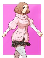 Rule 34 | 1girl, breasts, brown hair, chief (91m10), clenched hands, curly hair, highres, jacket, large breasts, leggings, long sleeves, okumura haru, pantyhose, persona, persona 5, pink background, pink sweater, plaid, plaid skirt, pocket, short hair, simple background, skirt, smile, solo, sweater, sweater jacket, turtleneck, turtleneck sweater, two-tone background, walking, white background, zipper, zipper pull tab