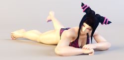 Rule 34 | 1girl, ass, bare arms, bare shoulders, barefoot, bikini, black hair, breasts, feet, female focus, han juri, highres, hip focus, legs, looking at viewer, lying, nail polish, purple eyes, purple nails, solo, street fighter, swimsuit, thighs, x2gon