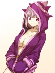 Rule 34 | 1girl, absurdres, blush, bob cut, breasts, closed mouth, cowboy shot, dot nose, gradient background, gridman universe, hands in pockets, highres, hood, hood up, hoodie, itou yuuji, large breasts, looking at viewer, medium hair, naked hoodie, pink eyes, pink hair, shinjou akane, smile, solo, ssss.gridman, yellow background