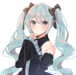 Rule 34 | 1girl, alternate color, bare shoulders, black bow, black shirt, black sleeves, blue eyes, blue hair, blue nails, blue necktie, blush, bow, collared shirt, commentary, detached sleeves, english commentary, floating hair, frilled sleeves, frills, hair between eyes, hair bow, hatsune miku, highres, long hair, long sleeves, looking at viewer, mixed-language commentary, miyakoto, nail polish, necktie, parted lips, shirt, simple background, sleeveless, sleeveless shirt, solo, twintails, very long hair, vocaloid, white background, wing collar