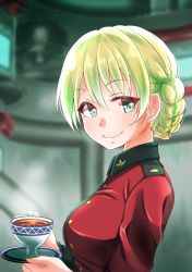 Rule 34 | 1girl, absurdres, blonde hair, blue eyes, blurry, blurry background, braid, closed mouth, commentary, cup, darjeeling (girls und panzer), epaulettes, from side, girls und panzer, highres, holding, holding cup, holding saucer, insignia, jacket, kobayashi nyoromichi, long sleeves, looking at viewer, military, military uniform, red jacket, saucer, short hair, smile, solo, st. gloriana&#039;s military uniform, tank interior, teacup, uniform