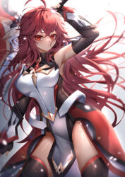 Rule 34 | 1girl, absurdres, ahoge, armor, armored dress, armpits, been, black gloves, black thighhighs, blurry, blurry background, breasts, claymore (sword), elbow gloves, elesis sieghart, fingerless gloves, gem, gloves, gold trim, grand chase, highres, holding, holding weapon, long hair, looking at viewer, medium breasts, red eyes, red gemstone, red hair, red trim, serious, simple background, solo, sword, thighhighs, very long hair, weapon, wrist guards