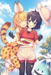 Rule 34 | 10s, 2girls, 3:, :d, ^ ^, ahoge, animal ears, animal print, black gloves, black hair, black legwear, blonde hair, blue eyes, blue sky, blurry, blush, bow, bowtie, bucket hat, closed eyes, cloud, cloudy sky, collarbone, day, depth of field, elbow gloves, gloves, grass, hair between eyes, hat, hat feather, hug, hug from behind, kaban (kemono friends), kawami nami, kemono friends, looking at another, lucky beast (kemono friends), multiple girls, open mouth, outdoors, pantyhose, pantyhose under shorts, red shirt, serval (kemono friends), serval print, serval tail, shirt, shoes, short hair, short sleeves, shorts, sky, smile, striped tail, tail, teeth, thighhighs, tree, wavy mouth, wind, |d