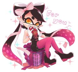 Rule 34 | + +, 1girl, alternate hair ornament, ankle boots, black footwear, black hair, black jumpsuit, boots, bow, box, callie (splatoon), commentary, cross-shaped pupils, doily, earrings, english commentary, english text, gift, gloves, hair bow, heart-shaped box, highres, holding, holding gift, inkling, jewelry, jumpsuit, long hair, looking at viewer, mixed-language commentary, mole, mole under eye, nintendo, okome 2g2g, open mouth, panties, pink bow, pink hair, pink panties, pointy ears, short jumpsuit, sitting, smile, solo, splatoon (series), splatoon 1, swept bangs, symbol-shaped pupils, tentacle hair, underwear, valentine, very long hair, white background, white gloves, yellow eyes