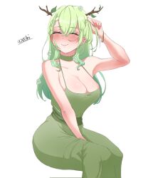 Rule 34 | 1girl, alternate costume, artist name, bare shoulders, black choker, bracelet, braid, branch, breasts, ceres fauna, choker, cleavage, closed eyes, dress, flower, french braid, gradient hair, green dress, green hair, green sash, hair flower, hair ornament, hair twirling, hand in own hair, highres, hololive, hololive english, invisible chair, jewelry, large breasts, leaf, long hair, multicolored hair, sash, side braid, sitting, smile, solo, taut clothes, taut dress, washi (bbywashi), white flower