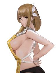 Rule 34 | 1girl, apron, backless outfit, black panties, braid, breasts, brown eyes, brown hair, earrings, female focus, fire emblem, fire emblem engage, goldmary (fire emblem), hair ribbon, highres, j@ck, jewelry, large breasts, long hair, looking at viewer, matching hair/eyes, nearly naked apron, nintendo, panties, ribbon, sideboob, smile, solo, tying apron, underwear, upper body, white ribbon