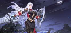 Rule 34 | 1girl, absurdres, black gloves, breasts, epaulettes, flower, gloves, highres, holding, holding polearm, holding shield, holding weapon, kuro j, lance, large breasts, long hair, military, military uniform, military vehicle, moon, motor vehicle, night, night sky, pale skin, petals, polearm, purple eyes, selvaria bles, senjou no valkyria, senjou no valkyria (series), senjou no valkyria 1, shield, sky, solo, standing, tank, uniform, weapon, white hair
