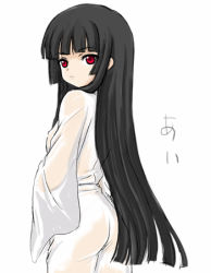 Rule 34 | 00s, 1girl, aoyama reo, ass, black hair, blunt bangs, character name, enma ai, flat chest, hime cut, jigoku shoujo, long hair, looking back, lowres, red eyes, robe, see-through, simple background, solo, translated, very long hair