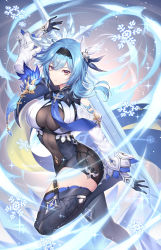 Rule 34 | 1girl, arm up, asymmetrical hair, black hairband, blue hair, blue necktie, breasts, closed mouth, covered navel, crystal sword, eula (genshin impact), floating, floating hair, floating object, floating sword, floating weapon, genshin impact, gloves, hair ornament, hairband, highres, ice, large breasts, leotard, medium hair, nasaniliu, necktie, open hands, snowflakes, solo, sword, thighhighs, thighs, vision (genshin impact), weapon, wind, yellow eyes