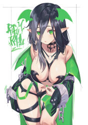 Rule 34 | 1girl, black choker, black hair, body markings, breasts, broken, broken chain, chain, choker, commentary, cowboy shot, cuffs, demon girl, demon wings, english commentary, expressionless, eyes visible through hair, green eyes, green nails, green wings, hair between eyes, hair over one eye, head wings, highres, kangbus, large breasts, leaning forward, long bangs, long hair, looking at viewer, mole, mole on breast, nail polish, o-ring, original, paid reward available, parted lips, pointy ears, revealing clothes, shackles, solo, wings