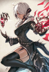 Rule 34 | 1girl, ahoge, au ra, black dress, black gloves, black thighhighs, boots, breasts, closed mouth, dark-skinned female, dark skin, dragon girl, dragon horns, dragon tail, dress, final fantasy, final fantasy xiv, fur collar, gloves, hair over one eye, highres, horns, koissa, looking at viewer, medium breasts, original, red eyes, scales, short hair, skindentation, smile, solo, tail, thigh boots, thighhighs, warrior of light (ff14), white hair