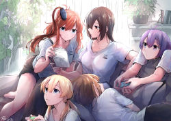 Rule 34 | 5girls, absurdres, alternate costume, black hair, black shorts, blonde hair, book, breasts, brown hair, closed eyes, closed mouth, clothes writing, controller, couch, game controller, hair ornament, highres, holding, holding book, holding controller, holding game controller, indoors, joy-con, kantai collection, long hair, lying, multiple girls, mutsu (kancolle), nagato (kancolle), nintendo switch, on side, open mouth, pin.s, plant, playing games, ponytail, prinz eugen (kancolle), purple hair, sakawa (kancolle), saratoga (kancolle), shirt, short hair, short sleeves, shorts, side ponytail, signature, sitting, smokestack hair ornament, stay at home, twintails