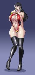 Rule 34 | 1girl, absurdres, armband, black hair, blue eyes, boots, breasts, cleavage, devil-v, earrings, high heel boots, highres, huge breasts, jewelry, nail polish, slingshot swimsuit, solo, swimsuit, thigh boots, thighhighs, vampire, vampirella, vampirella (character)