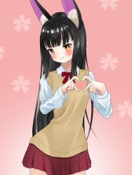 Rule 34 | 1girl, alternate costume, animal ears, azur lane, black hair, blunt bangs, blush, bow, bowtie, cherry blossom print, collared shirt, commentary request, contemporary, floral print, fox ears, heart, heart hands, highres, leaning forward, long hair, long sleeves, looking at viewer, marimo daifuku, nagato (azur lane), pink background, plaid, plaid skirt, pleated skirt, red skirt, school uniform, shirt, sidelocks, simple background, skirt, smile, solo, sweater vest, white shirt, yellow eyes