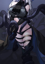 Rule 34 | 1girl, absurdres, arknights, ascot, bare shoulders, black ascot, black gloves, black pants, bound, bound arms, bound legs, breasts, clothing cutout, elbow gloves, feet out of frame, gloves, grey hair, head out of frame, highres, jiadedaoshi, large breasts, long hair, own hands together, pants, revealing clothes, skadi (arknights), solo, standing, tentacles, tentacles under clothes, thigh cutout, thigh strap
