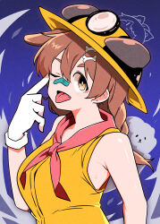 Rule 34 | 1girl, absurdres, akanbe, animal ears, bandaid, bandaid on face, bandaid on nose, blush, bone hair ornament, breasts, brown eyes, brown hair, commentary, dog ears, dog girl, extra ears, eyelid pull, fang, gloves, hair between eyes, hair ornament, hairclip, hard hat, headlamp, helmet, highres, hololive, inugami korone, kurodani yamame, long hair, looking at viewer, medium breasts, neckerchief, open mouth, red neckerchief, rinyamame, shirt, sleeveless, sleeveless shirt, solo, tongue, tongue out, touhou, upper body, virtual youtuber, white gloves, yellow headwear, yellow shirt