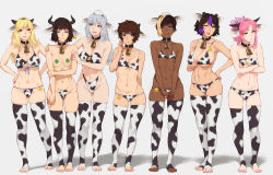 Rule 34 | 6+girls, animal ears, animal print, bell, neck bell, bikini, black hair, blonde hair, blue eyes, breasts, brown hair, choker, cleavage, closed mouth, commentary, cow ears, cow horns, cow print, dark skin, dark-skinned female, english commentary, feguimel, green eyes, grey background, highres, horns, large breasts, long hair, looking at viewer, multicolored hair, multiple girls, navel, one eye closed, original, pink hair, purple eyes, purple hair, short hair, silver hair, simple background, small breasts, standing, swimsuit, thighhighs, toeless legwear, tongue, tongue out, two-tone hair