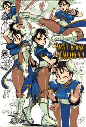 Rule 34 | 1girl, alex ahad, black hair, blue dress, boots, bracelet, breasts, brown eyes, brown hair, brown pantyhose, bun cover, capcom, china dress, chinese clothes, chun-li, commentary, cross-laced footwear, double bun, dress, english commentary, fighting stance, flying kick, hair bun, highres, hyakuretsukyaku, jewelry, kicking, knee boots, lace-up boots, large breasts, motion blur, multiple views, pantyhose, pelvic curtain, puffy short sleeves, puffy sleeves, rapid punches, sash, short hair, short sleeves, side slit, sketch, solo focus, spiked bracelet, spikes, standing, standing on one leg, street fighter, street fighter ii (series), white footwear