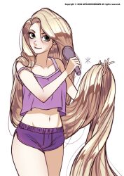 Rule 34 | 1girl, 2022, absurdres, alternate costume, apoloniodraws, artist name, blonde hair, blush, camisole, collar, commentary, contemporary, dolphin shorts, english commentary, green eyes, head tilt, highres, holding, holding own hair, long hair, looking at viewer, midriff, navel, purple camisole, purple shorts, rapunzel (disney), shorts, smile, solo, tangled, very long hair