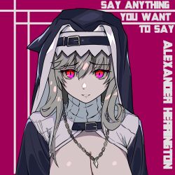 Rule 34 | 1girl, absurdres, arknights, biliaizisi, breasts, buckle, cleavage, english text, grey hair, highres, jewelry, large breasts, long hair, looking at viewer, necklace, nun, out-of-frame censoring, parted lips, purple background, red eyes, solo, specter (arknights), two-tone background, upper body, veil, white background