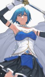 Rule 34 | 1girl, absurdres, armpits, belt, belt buckle, blue eyes, blue hair, buckle, cape, cutlass, detached sleeves, fortissimo, from below, gloves, hair ornament, highres, holding, holding sword, holding weapon, magical girl, mahou shoujo madoka magica, mahou shoujo madoka magica (anime), mahou shoujo madoka magica movie 1 &amp; 2, miki sayaka, musical note, musical note hair ornament, nzenzenzenze, saber (weapon), short hair, solo, sword, weapon, white cape, white gloves