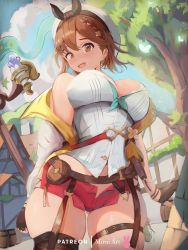 Rule 34 | 1girl, absurdres, atelier (series), atelier ryza, atelier ryza 2, bare shoulders, barrel, belt, blue sky, blush, braid, breasts, brown belt, brown eyes, brown gloves, brown hair, brown thighhighs, bug, butterfly, cleavage, cloud, curvy, fingerless gloves, from below, gloves, highres, house, insect, large breasts, leather belt, mirai hikari, off shoulder, open mouth, outdoors, red shorts, reisalin stout, revealing clothes, road, short hair, short shorts, shorts, side braid, single thighhigh, skindentation, sky, smile, street, thick thighs, thigh strap, thighhighs, thighs, tree, white headwear