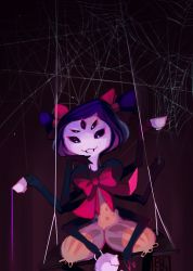 Rule 34 | 1girl, black eyes, black hair, bluumi, collaboration, commentary, cup, english commentary, extra arms, extra eyes, fangs, highres, holding, holding cup, arthropod girl, muffet, robobebo, short hair, short twintails, signature, silk, spider girl, spider web, striped, striped background, teacup, teapot, twintails, undertale