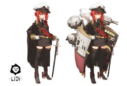 Rule 34 | 10s, 1girl, amonitto, black thighhighs, borrowed character, cannon, cape, gloves, hat, highres, hms orion (siirakannu), kantai collection, machinery, mecha musume, military, military uniform, miniskirt, multiple views, original, personification, red eyes, red hair, sailor hat, shirt, skirt, sword, thigh beads, thighhighs, uniform, weapon, white gloves, zettai ryouiki