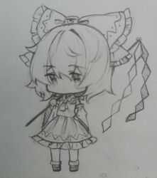 Rule 34 | 1other, absurdres, androgynous, ascot, chibi, chinese commentary, collared shirt, commentary request, cosplay, detached sleeves, enraku tsubakura, eye of senri, frilled ribbon, frilled skirt, frills, gohei, graphite (medium), greyscale, hair between eyes, hair ribbon, hakurei reimu, hakurei reimu (cosplay), hand on own hip, highres, holding, holding gohei, jian xing zao, len&#039;en, monochrome, other focus, ribbon, shirt, short hair, simple background, skirt, solo, traditional media, vest, white background