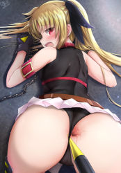 Rule 34 | 1girl, all fours, anus, ass, bardiche (nanoha), black leotard, blonde hair, cameltoe, chain, clothing aside, fate testarossa, from behind, giraffe (ilconte), gloves, leotard, leotard aside, long hair, looking at viewer, looking back, lyrical nanoha, mahou shoujo lyrical nanoha, red eyes, skirt, solo, twintails