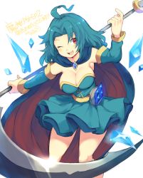 Rule 34 | 1girl, ;d, ahoge, al (majin shoujo), aqua dress, aqua hair, aqua sleeves, arm up, armpits, bare legs, blue cape, blue gemstone, blue hair, blue skirt, blush, brave dungeon, breasts, brooch, cape, cleavage, contrapposto, crystal, dated, detached sleeves, dress, gem, highres, holding, holding scythe, holding weapon, iroyopon, jewelry, large breasts, legs, long hair, looking at viewer, majin shoujo, one eye closed, open mouth, outstretched arm, red eyes, round teeth, scythe, short dress, signature, simple background, skirt, smile, solo, standing, strapless, strapless dress, teeth, thighs, translation request, two-handed, weapon, white background, wind, wind lift, wink