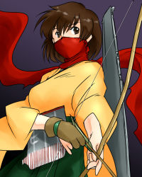 Rule 34 | 10s, 1girl, bow (weapon), brown eyes, brown hair, half mask, hiryuu (kancolle), japanese clothes, kantai collection, mask, mouth mask, name connection, scarf, scarf over mouth, short hair, strider (video game), strider hiryuu, weapon, yagisaka seto