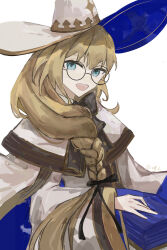 Rule 34 | 1girl, absurdres, blonde hair, blue eyes, book, bow, braid, cloak, fate/grand order, fate (series), glasses, hair bow, hat, highres, looking at viewer, open mouth, sharon lin, single braid, solo, aesc (fate), witch hat