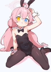 Rule 34 | 1girl, absurdres, ahoge, animal ears, arm up, bare arms, bare shoulders, black bow, black bowtie, black footwear, black leotard, black pantyhose, blue archive, blue eyes, blush, bow, bowtie, breasts, commentary request, covered navel, detached collar, fake animal ears, full body, hair between eyes, hair bobbles, hair ornament, halo, heterochromia, highleg, highleg leotard, highres, hoshino (blue archive), korean commentary, leotard, lk149, long hair, looking at viewer, low twintails, pantyhose, parted lips, pink hair, pink halo, playboy bunny, rabbit ears, sitting, small breasts, solo, strapless, strapless leotard, twintails, very long hair, wariza, wrist cuffs, yellow eyes